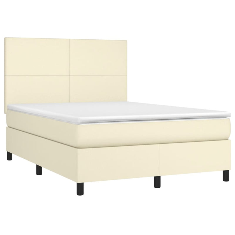 Pat box spring cu saltea, crem, 140x190 cm, piele ecologică