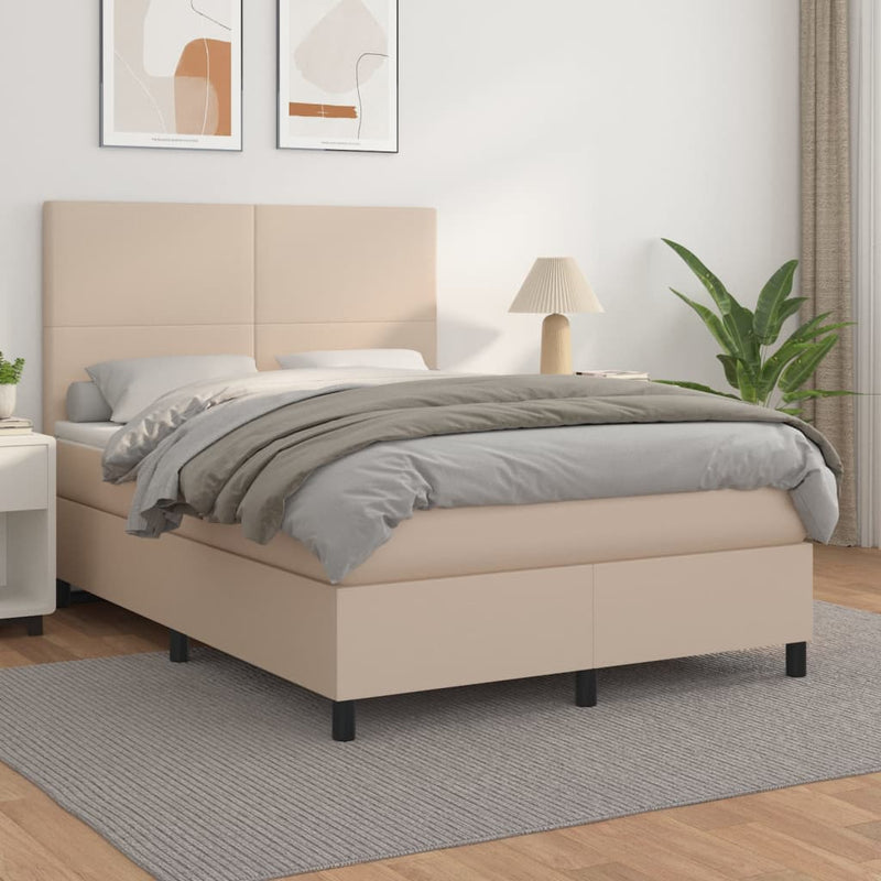 Pat box spring cu saltea, cappuccino, 140x200cm piele ecologică