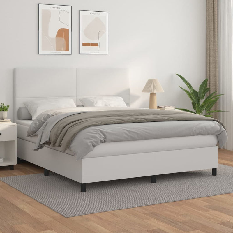Pat box spring cu saltea, alb, 160x200 cm, piele ecologică