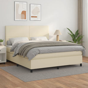 Pat box spring cu saltea, crem, 160x200 cm, piele ecologică
