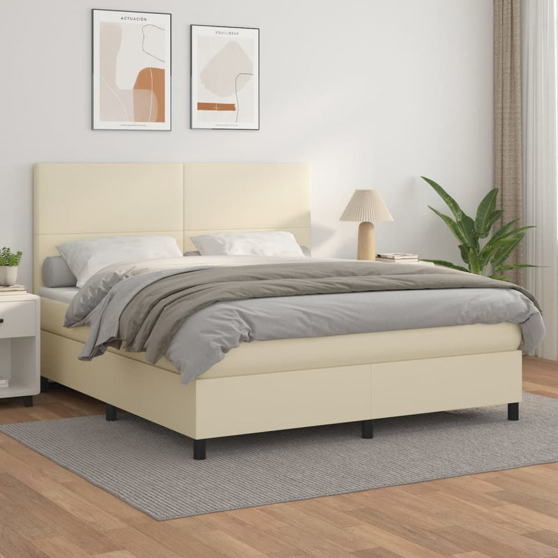 Pat box spring cu saltea, crem, 180x200 cm, piele ecologică