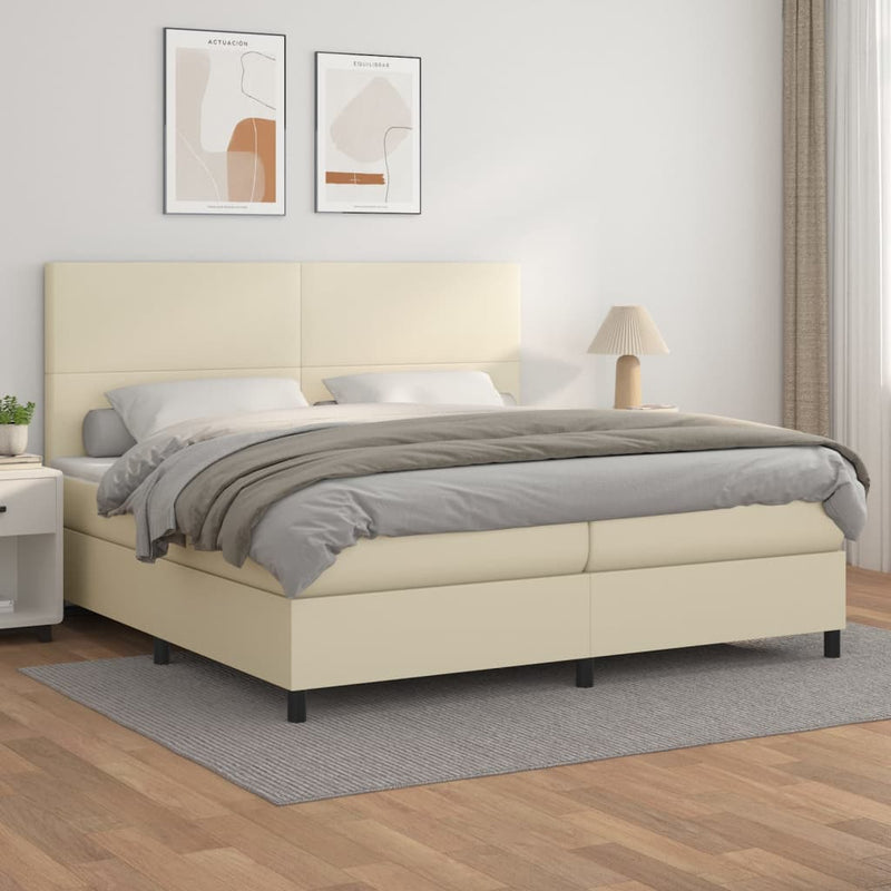 Pat continental cu saltea, crem, 200x200 cm, piele ecologică