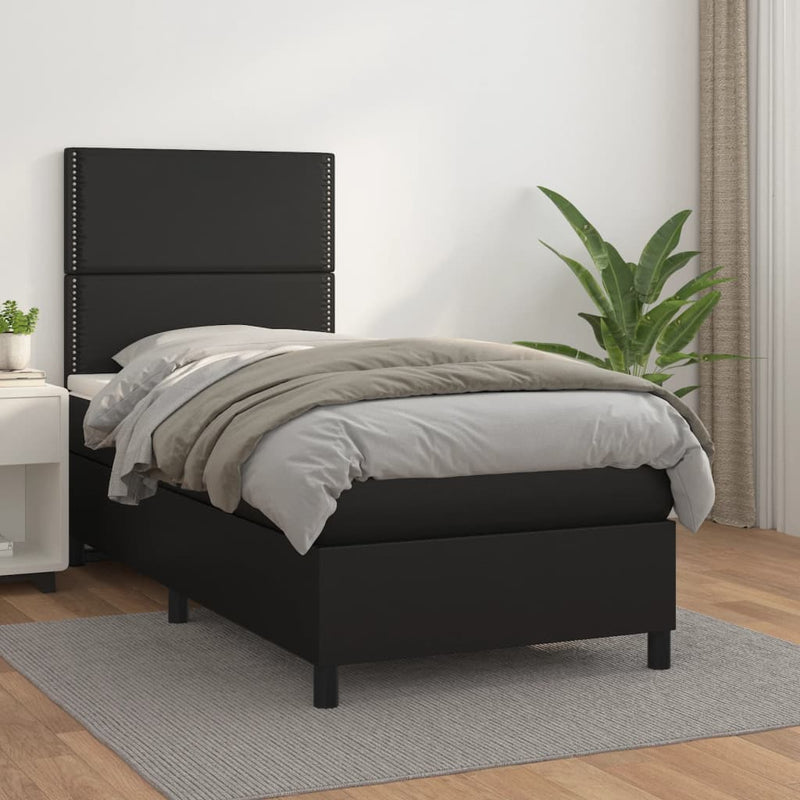 Pat box spring cu saltea, negru, 90x190 cm, piele ecologică