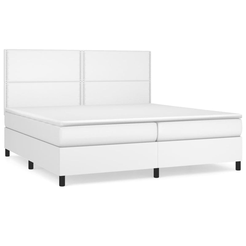 Pat box spring cu saltea, alb, 200x200 cm, piele ecologică