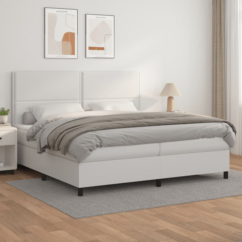 Pat box spring cu saltea, alb, 200x200 cm, piele ecologică