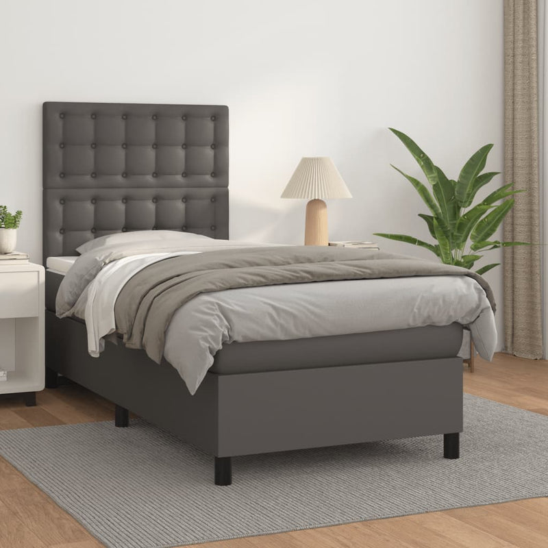 Pat box spring cu saltea, gri, 80x200 cm, piele ecologică