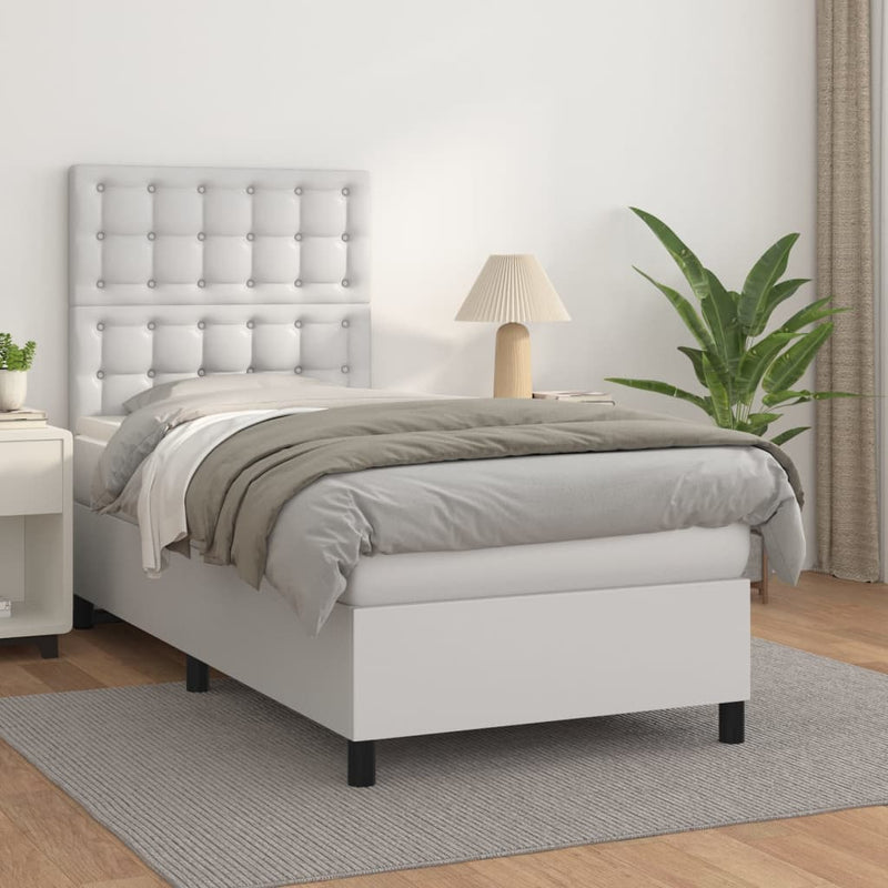 Pat box spring cu saltea, alb, 90x190 cm, piele ecologică