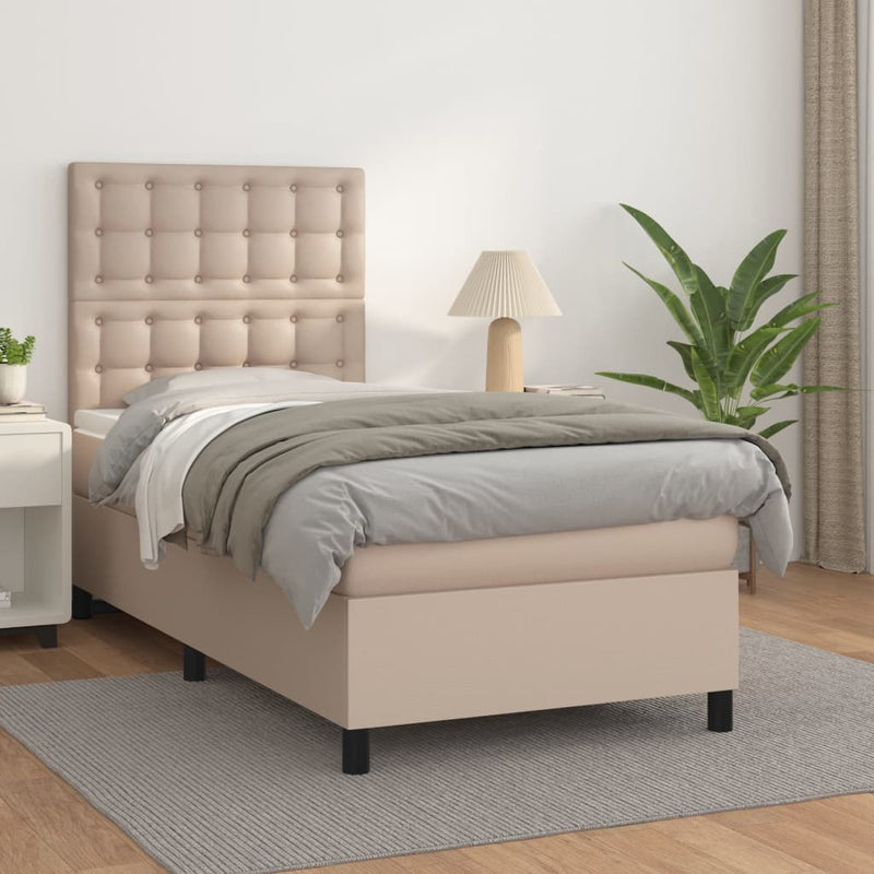 Pat box spring cu saltea, cappuccino, 90x190 cm piele ecologică