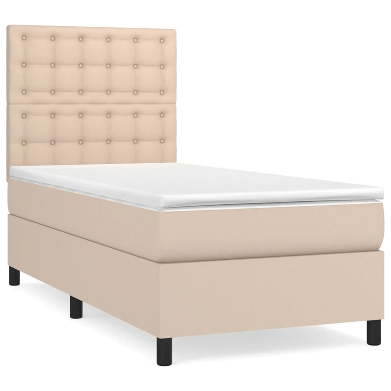 Pat box spring cu saltea, cappuccino, 90x200 cm piele ecologică