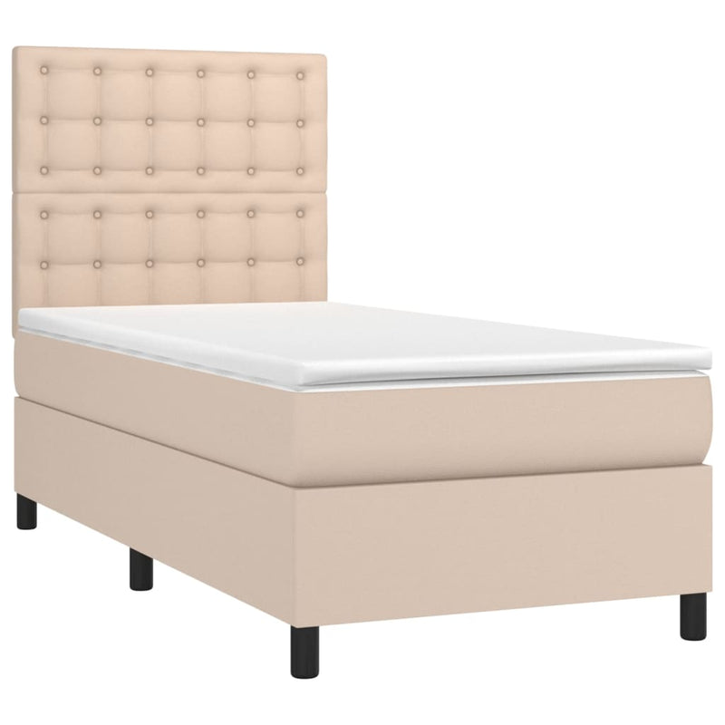 Pat box spring cu saltea, cappuccino, 90x200 cm piele ecologică
