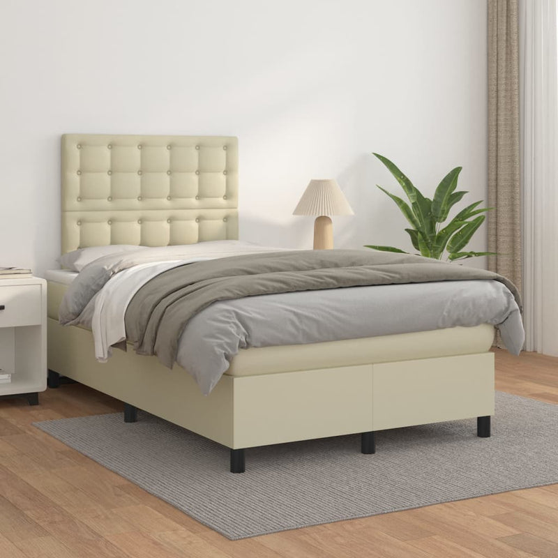Pat box spring cu saltea, crem, 120x200 cm, piele ecologică