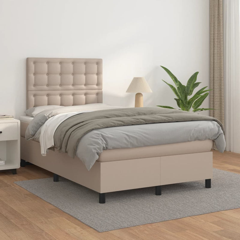 Pat box spring cu saltea, cappuccino, 120x200cm piele ecologică