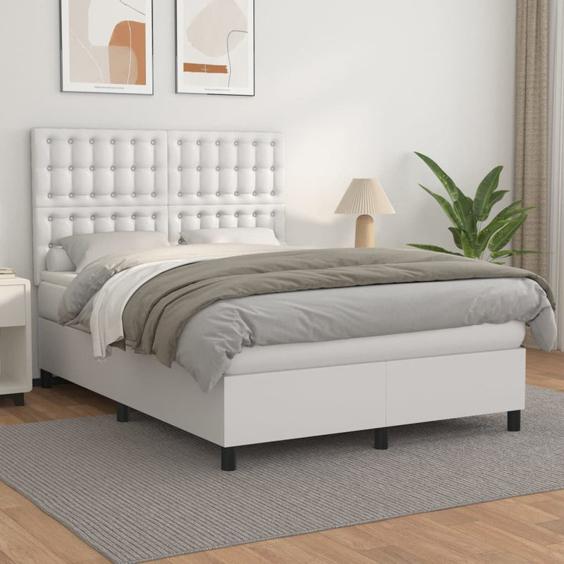 Pat box spring cu saltea, alb, 140x190 cm, piele ecologică