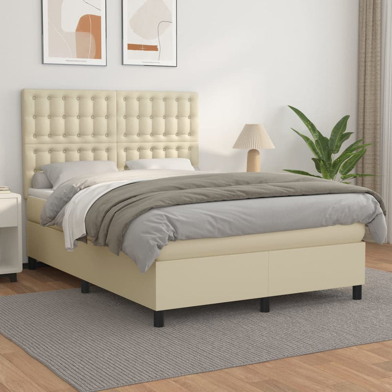 Pat box spring cu saltea, crem, 140x190 cm, piele ecologică