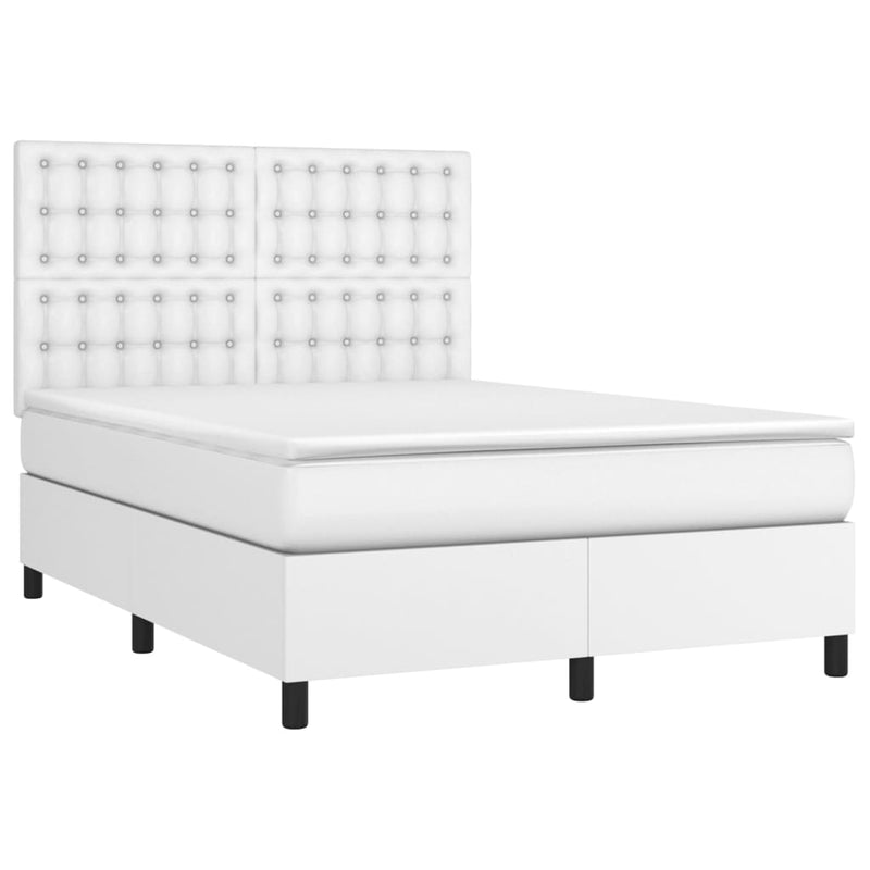 Pat box spring cu saltea, alb, 140x200 cm, piele ecologică