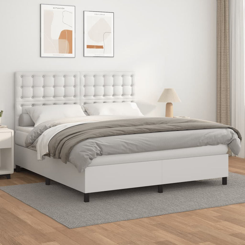 Pat box spring cu saltea, alb, 160x200 cm, piele ecologică