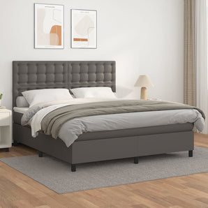 Pat box spring cu saltea, gri, 160x200 cm, piele ecologică