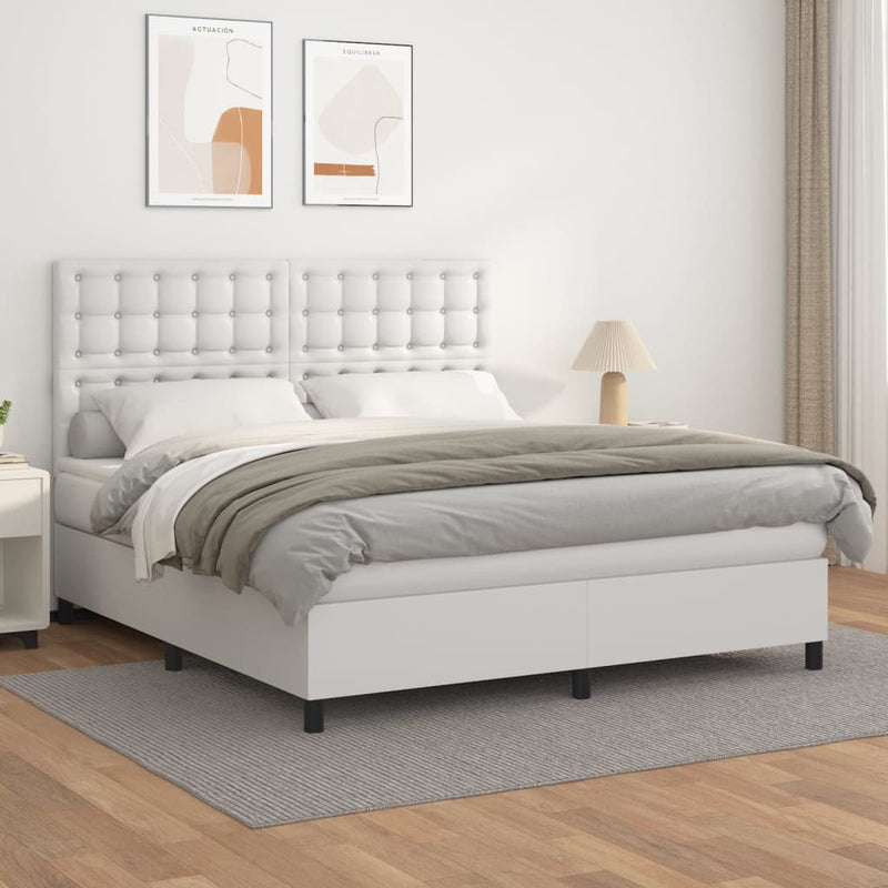 Pat box spring cu saltea, alb, 180x200 cm, piele ecologică