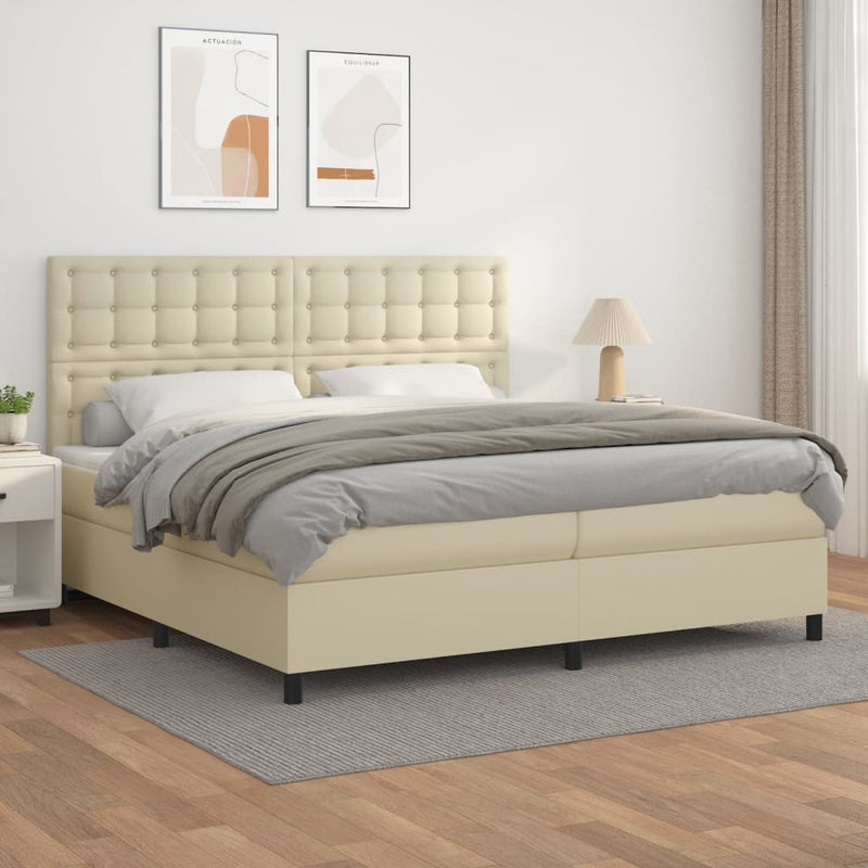 Pat continental cu saltea, crem, 200x200 cm, piele ecologică