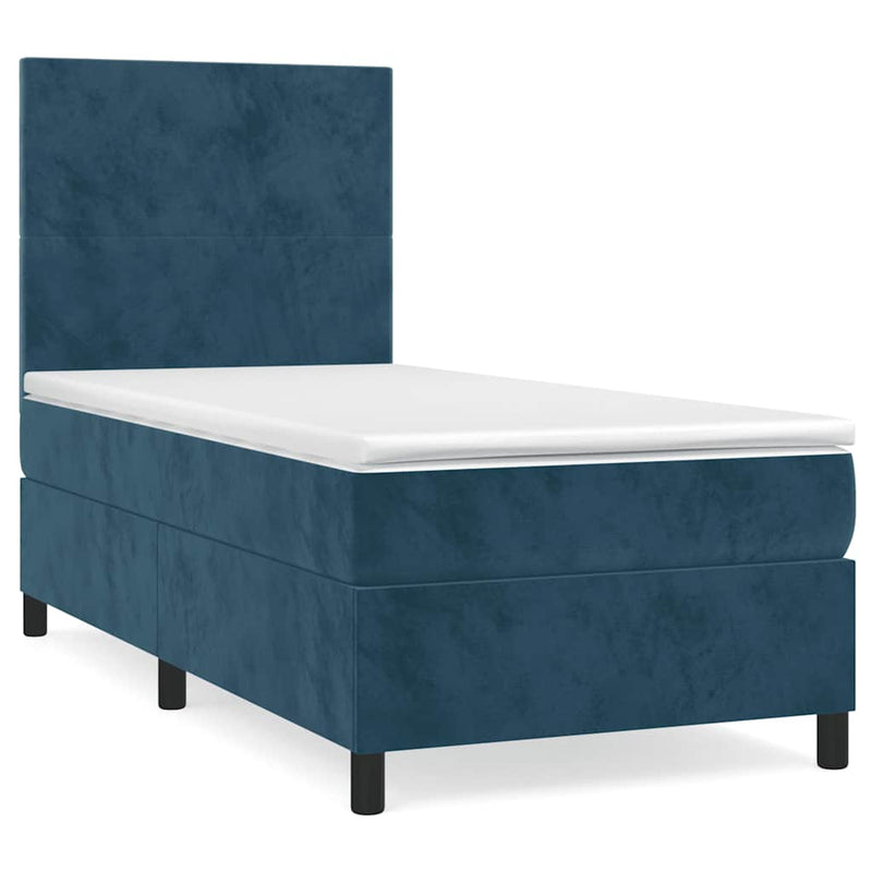 Pat box spring cu saltea, albastru închis, 90x200 cm, catifea