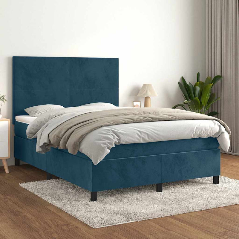 Pat box spring cu saltea, albastru închis, 140x200 cm, catifea