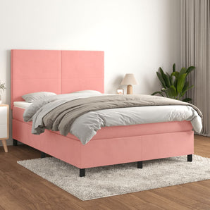 Pat box spring cu saltea, roz, 140x200 cm, catifea