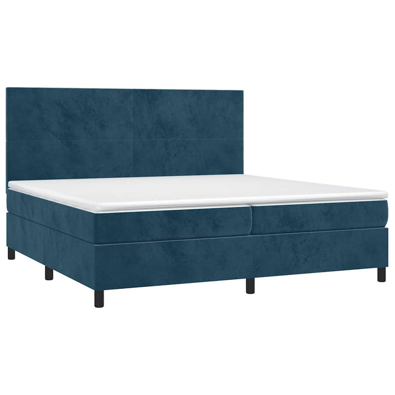 Pat box spring cu saltea, albastru închis, 200x200 cm, catifea