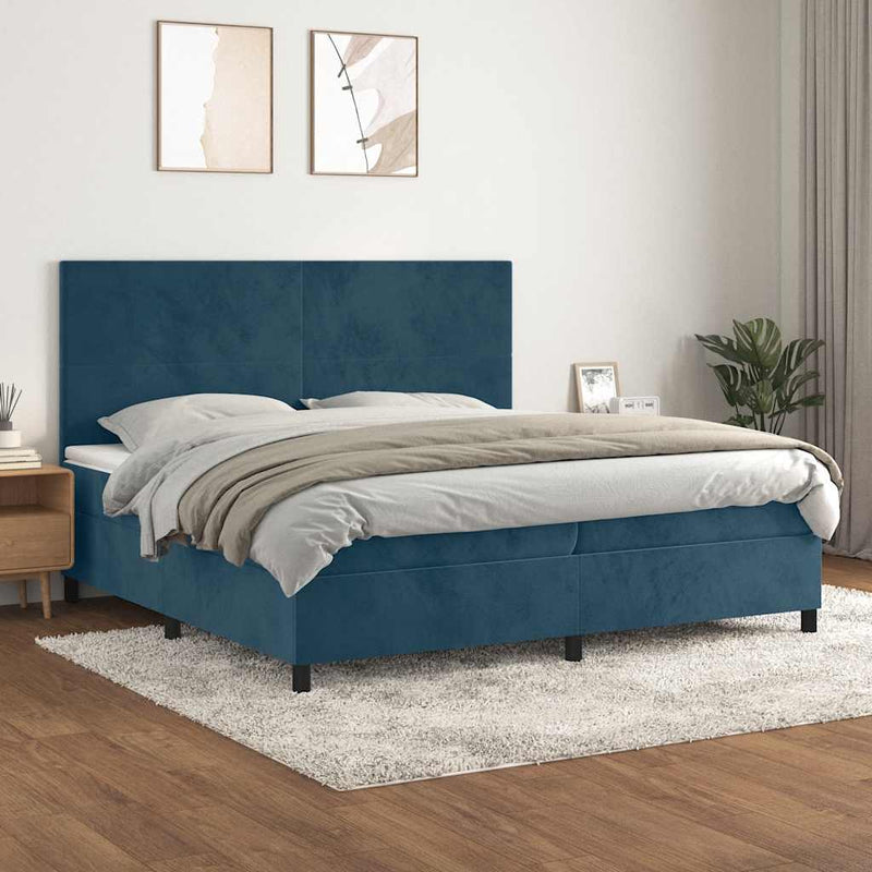Pat box spring cu saltea, albastru închis, 200x200 cm, catifea
