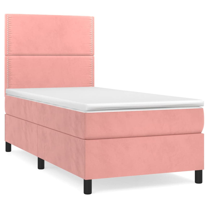 Pat box spring cu saltea, roz, 90x190 cm, catifea