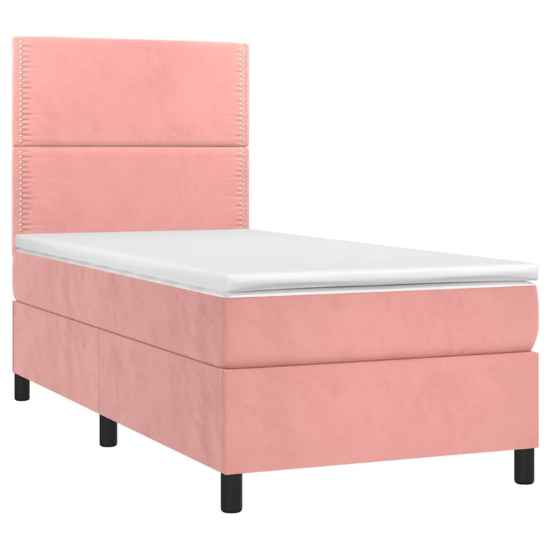 Pat box spring cu saltea, roz, 90x190 cm, catifea