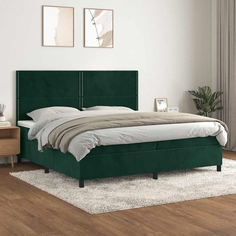 Pat box spring cu saltea, verde închis, 200x200 cm, catifea