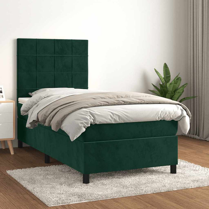 Pat box spring cu saltea, verde închis, 90x190 cm, catifea
