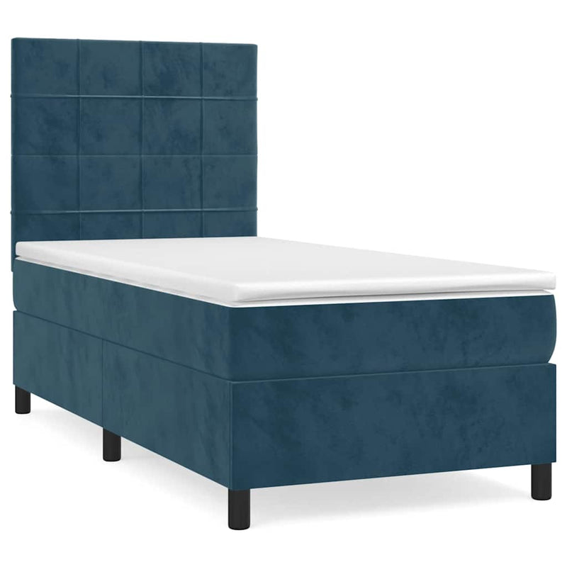 Pat box spring cu saltea, albastru închis, 90x200 cm, catifea