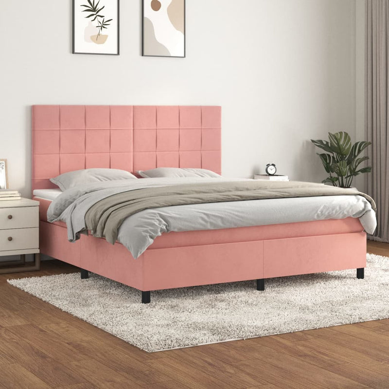 Pat box spring cu saltea, roz, 160x200 cm, catifea