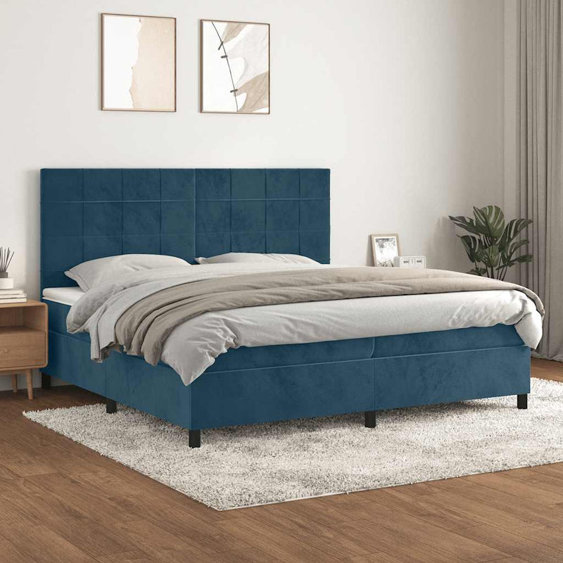 Pat box spring cu saltea, albastru închis, 200x200 cm, catifea
