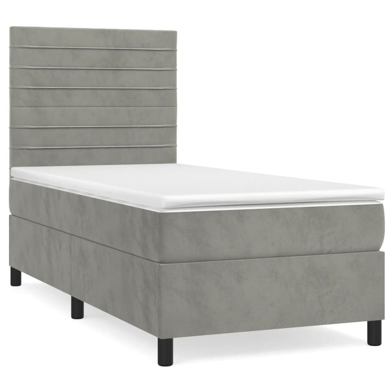 Pat box spring cu saltea, gri deschis, 80x200 cm, catifea