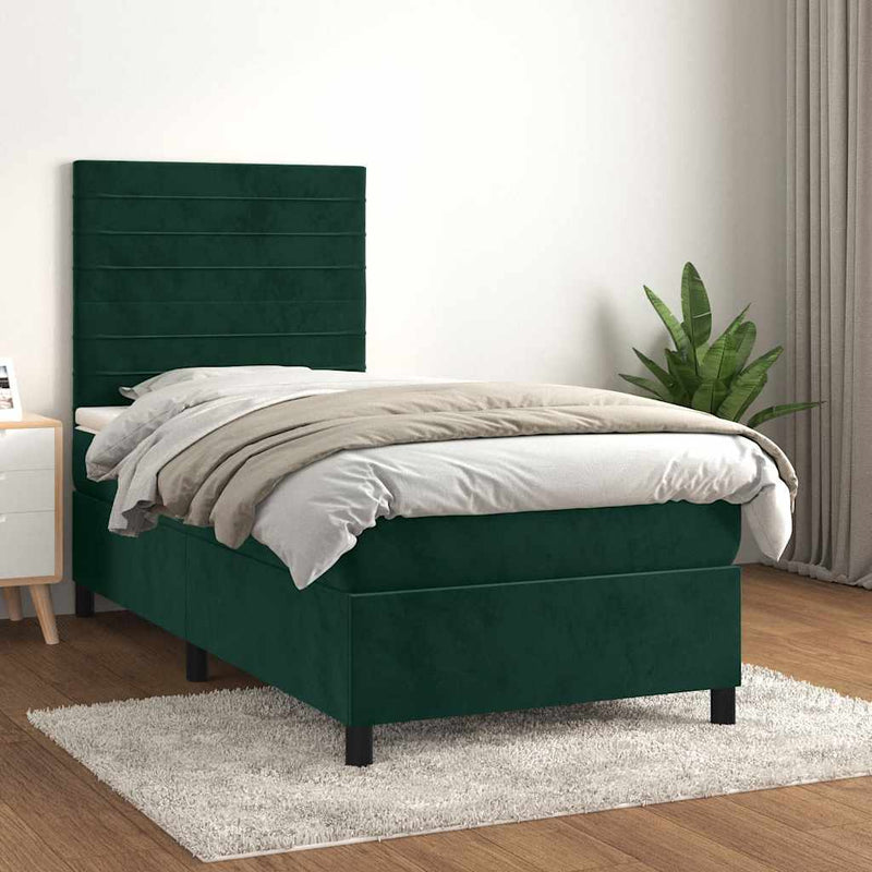 Pat box spring cu saltea, verde închis, 90x190 cm, catifea