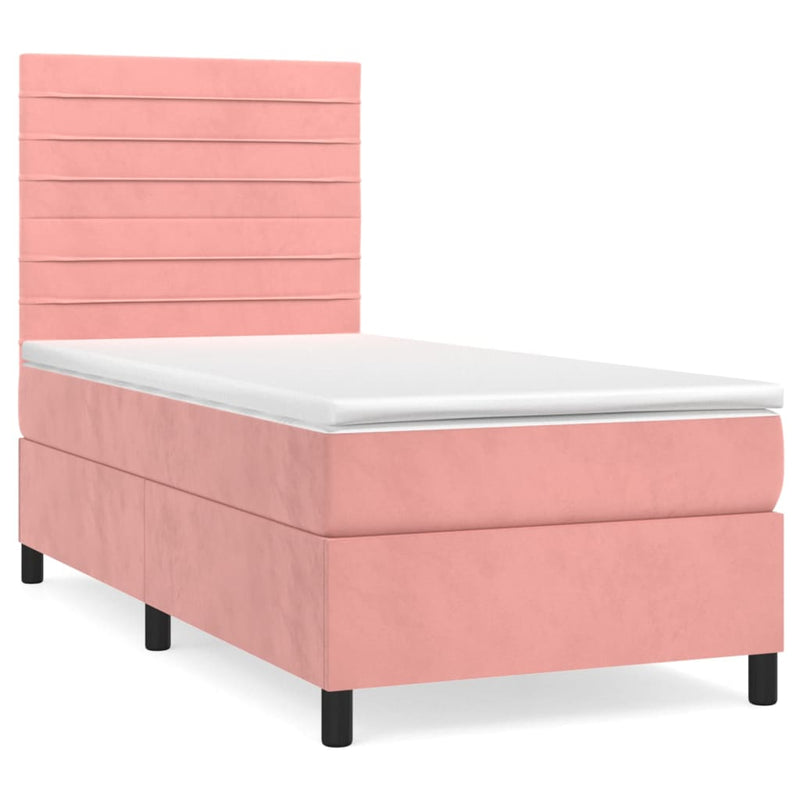 Pat box spring cu saltea, roz, 90x190 cm, catifea