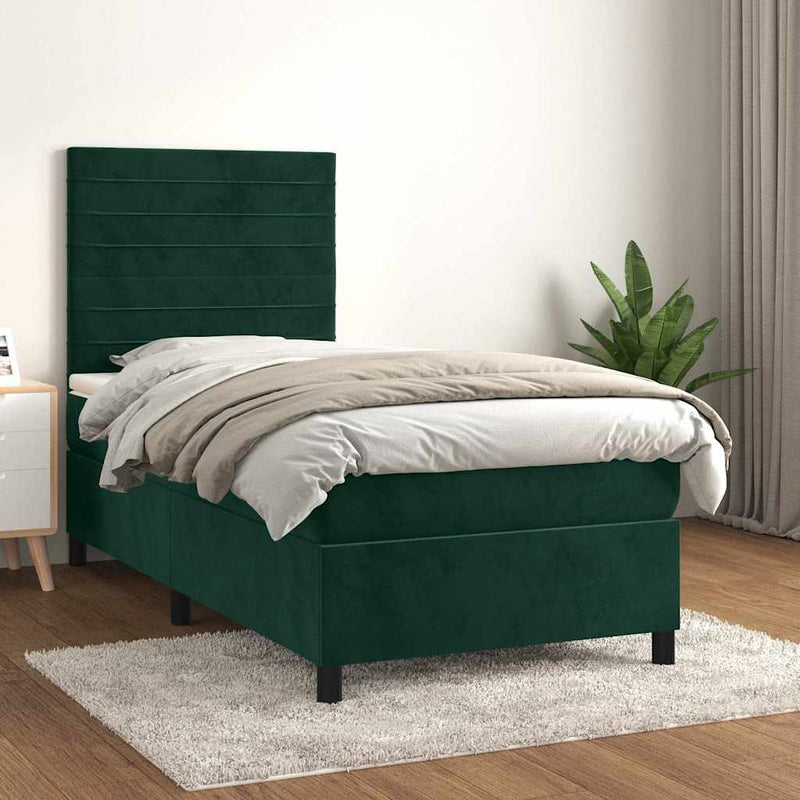 Pat box spring cu saltea, verde închis, 90x200 cm, catifea