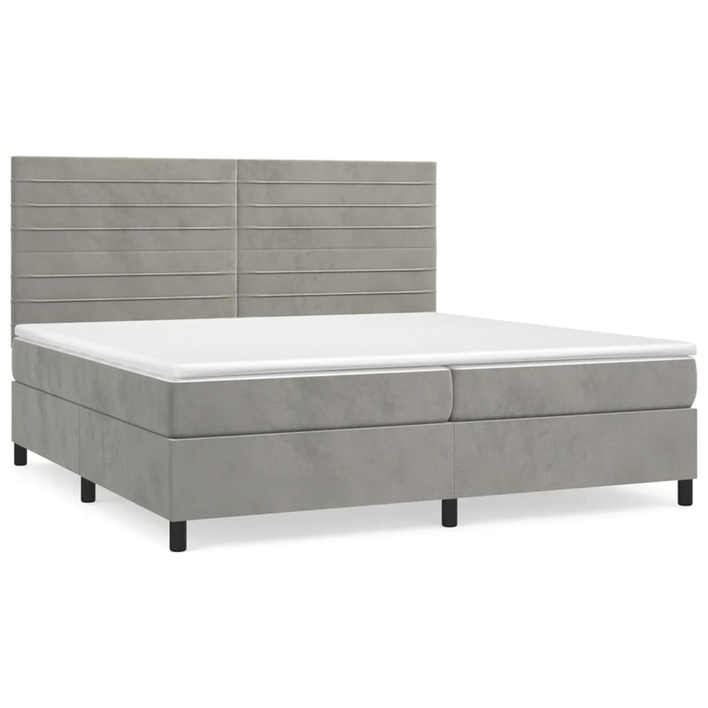 Pat box spring cu saltea, gri deschis, 200x200 cm, catifea