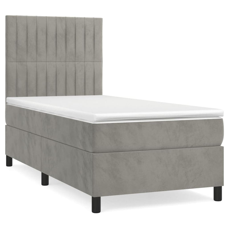 Pat box spring cu saltea, gri deschis, 80x200 cm, catifea
