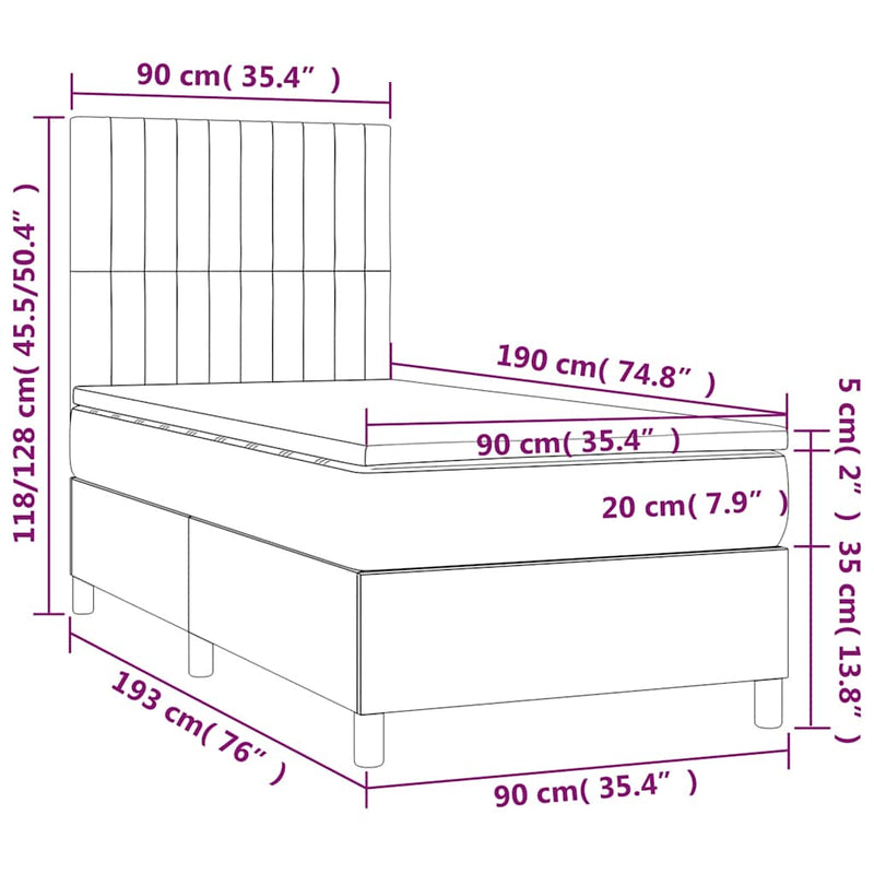 Pat box spring cu saltea, albastru închis, 90x190 cm, catifea