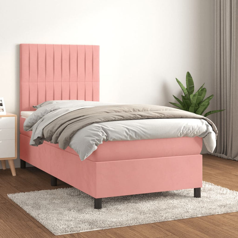 Pat box spring cu saltea, roz, 90x190 cm, catifea