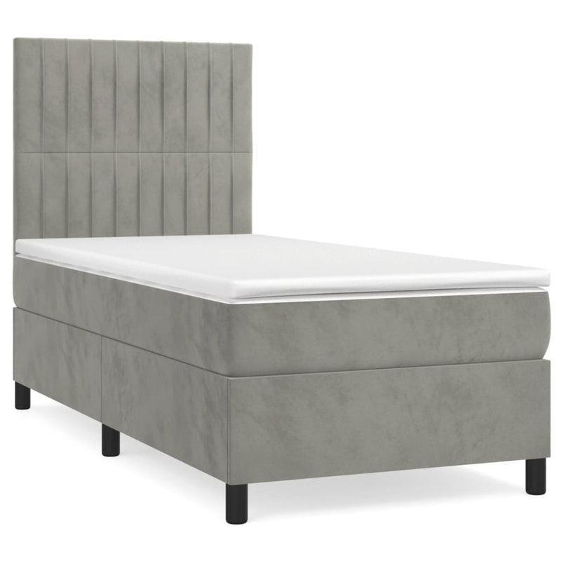 Pat box spring cu saltea, gri deschis, 100x200 cm, catifea