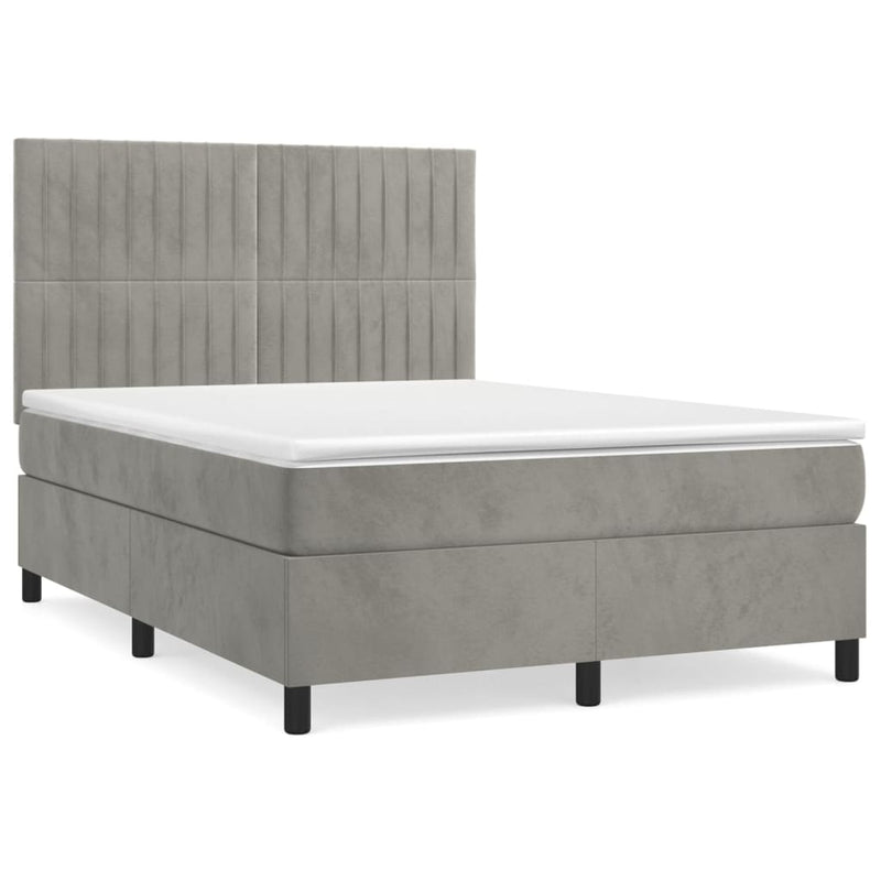 Pat box spring cu saltea, gri deschis, 140x190 cm, catifea