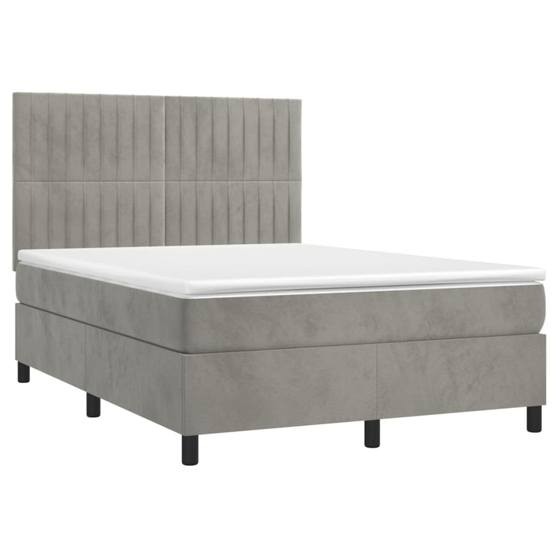 Pat box spring cu saltea, gri deschis, 140x190 cm, catifea