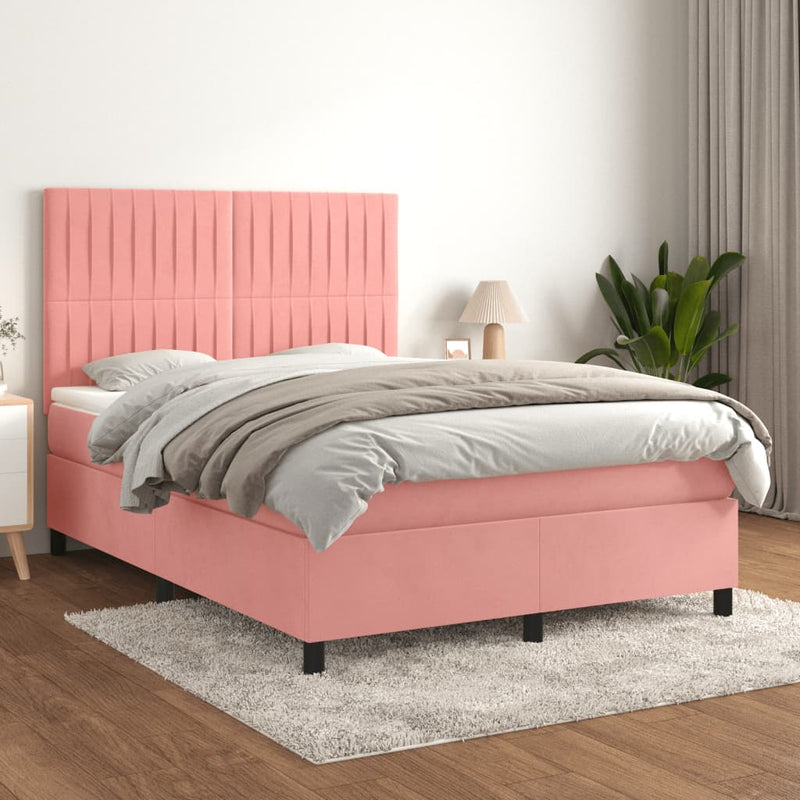 Pat box spring cu saltea, roz, 140x200 cm, catifea
