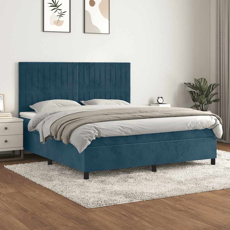 Pat box spring cu saltea, albastru închis, 160x200 cm, catifea