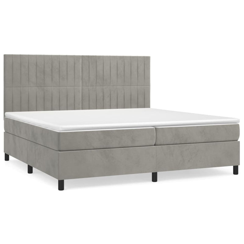 Pat box spring cu saltea, gri deschis, 200x200 cm, catifea
