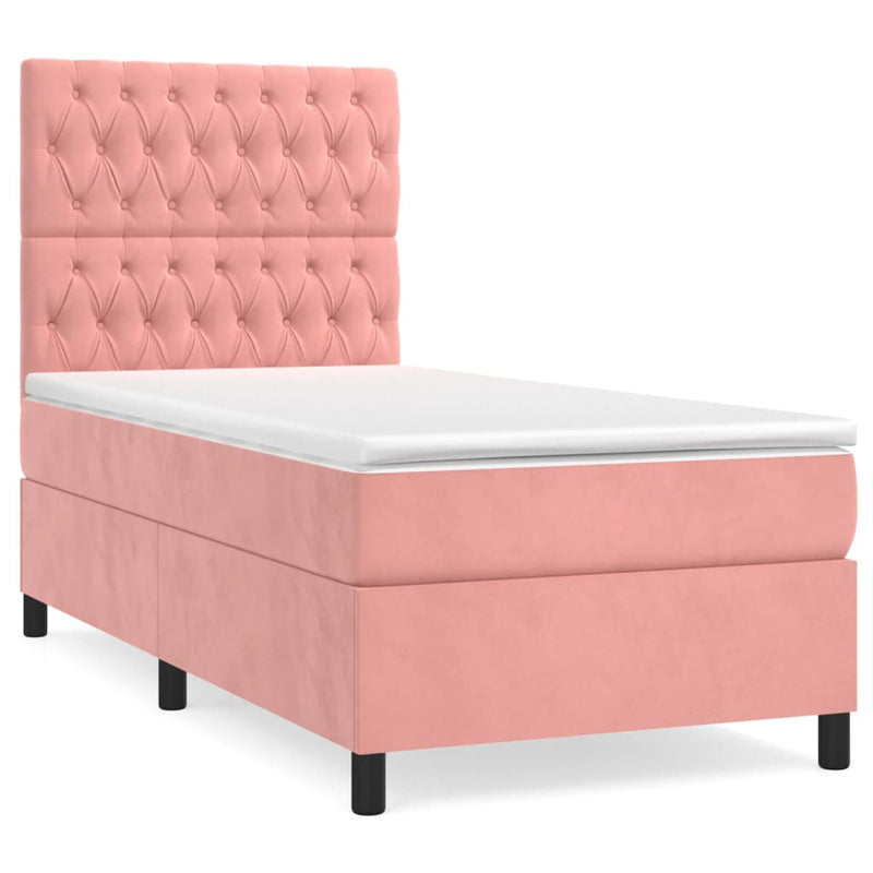 Pat box spring cu saltea, roz, 90x190 cm, catifea